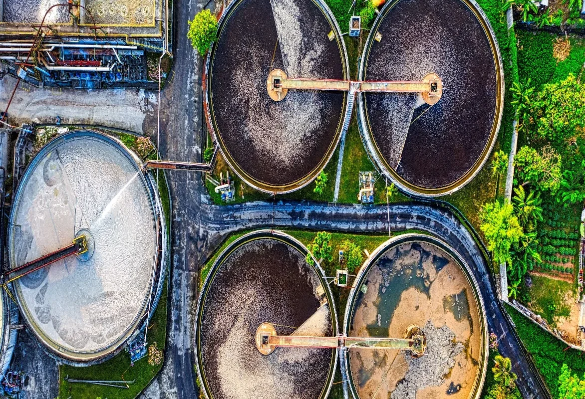 Circular treatment tanks viewed from above