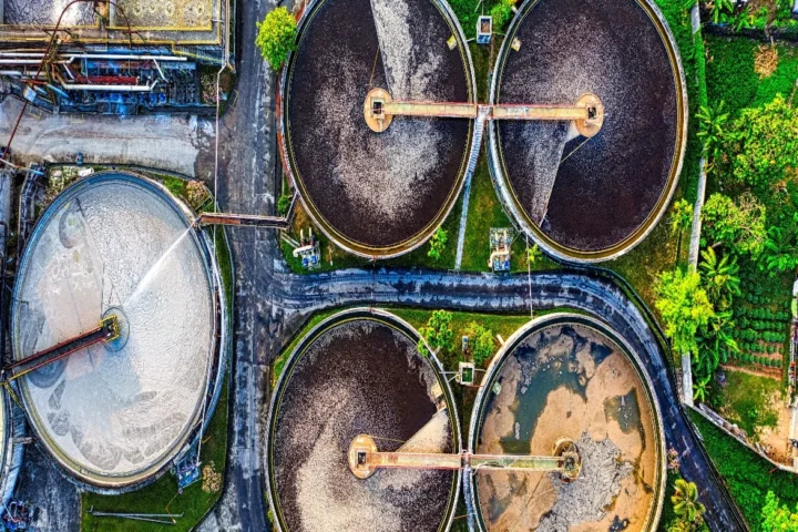 Circular treatment tanks viewed from above