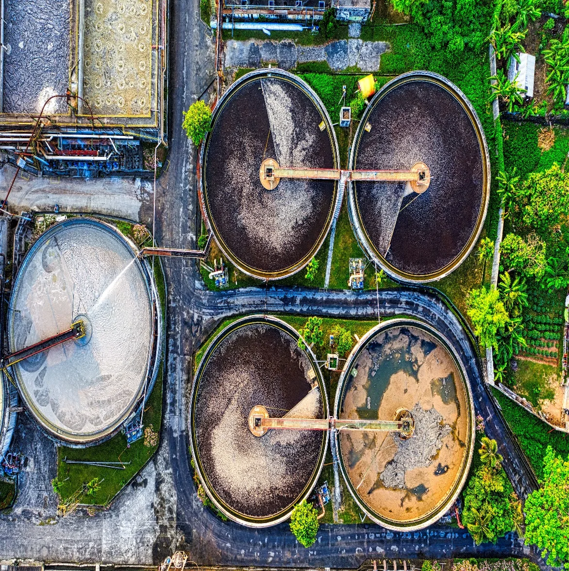 Circular treatment tanks viewed from above